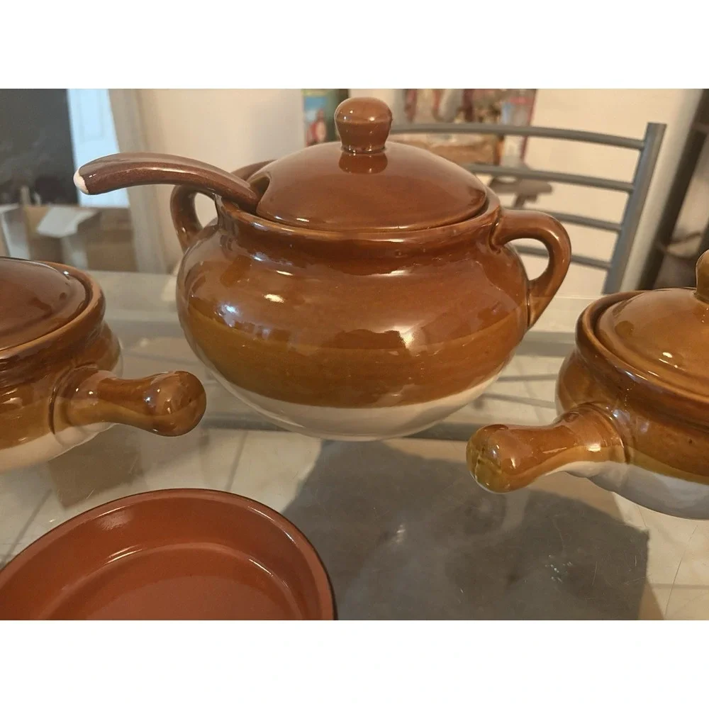 VTG Brown Drip Glaze Ceramic Soup Tureen Ladle Lid Bowls Ramekins Set Made China